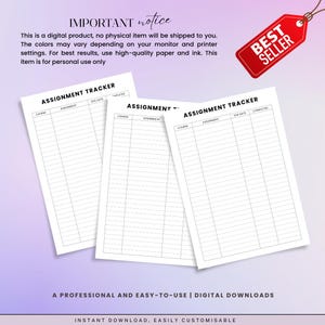 May include: Three white assignment tracker sheets with the text "Assignment Tracker" and columns for course, assignment, due date, and completed. A red "Best Seller" tag is in the upper right corner. The text "Important notice" is at the top.
