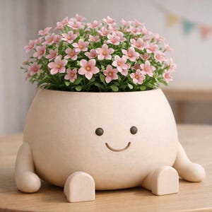 May include: A whimsical, beige ceramic planter shaped like a smiling character, complete with arms and legs. The planter is filled with a lush arrangement of small, pink flowers. A charming and decorative item for home decor.