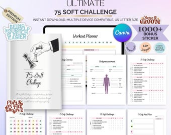 75 Rastreador de actividad física con retos suaves, Guía de bienestar (Lienzo editable, Pegatinas digitales)