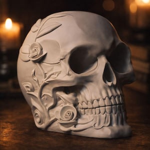3D Printed Skull with Rose: Gothic Macabre Decor (Digital File)
