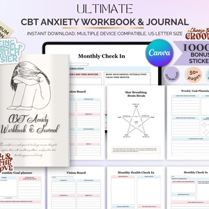 Puede incluir: Un cuaderno y diario de TCC para la ansiedad, con una ilustración de portada de una persona con la cabeza entre las rodillas. El cuaderno incluye páginas para controles mensuales, tableros de visión y planificación semanal. La imagen también incluye una pegatina de bonificación.
