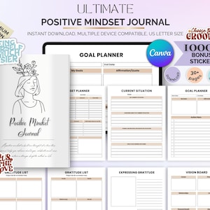 May include: A digital positive mindset journal with a minimalist design. The cover features a line drawing of a person with flowers, and the text "Positive Mindset Journal." Includes goal planning, gratitude lists, and vision board templates. The journal is US Letter size.