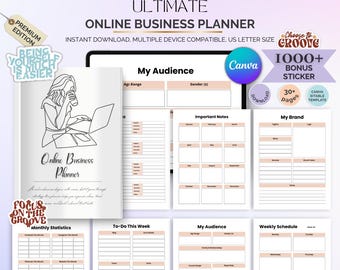 May include: An online business planner with a white cover featuring a line drawing of a person working on a laptop. The planner includes sections for audience analysis, weekly schedules, and brand details. The text "ULTIMATE ONLINE BUSINESS PLANNER" is at the top.