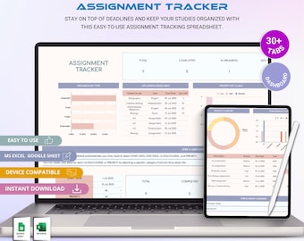 Student Assignment Tracker: Homework Planner, Study Organizer (Excel & Google Sheets)
