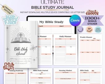 May include: A digital Bible Study Journal with a white cover featuring a cross, open book, and the words "Bible Study Journal." The journal includes daily, weekly, and other planning pages. The text "ULTIMATE BIBLE STUDY JOURNAL" is at the top.