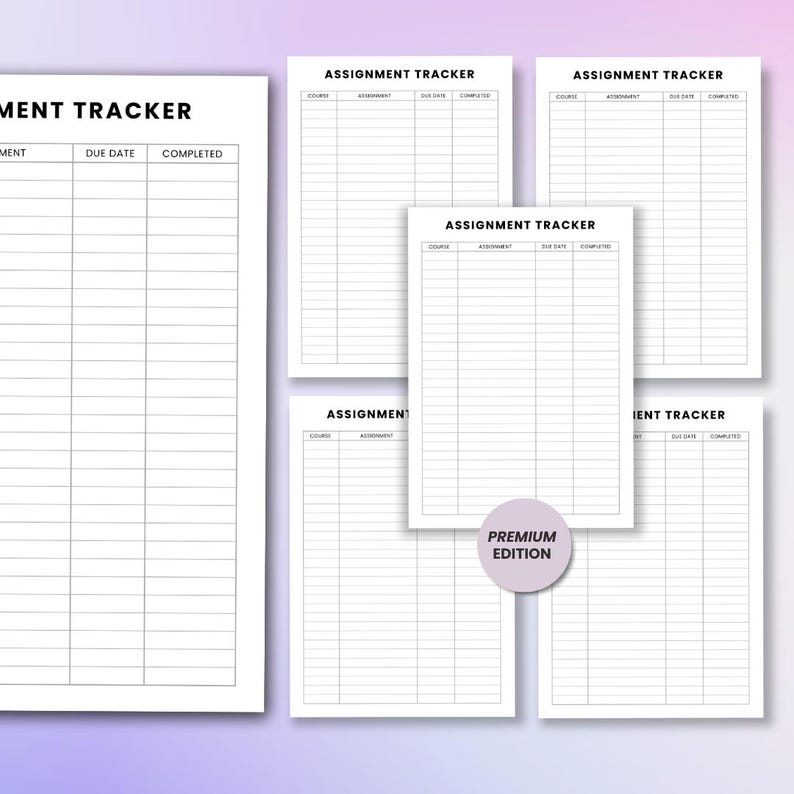 May include: Several white assignment tracker sheets with black text. The sheets are labelled "Assignment Tracker" and have columns for course, assignment, due date, and completion. A "Premium Edition" sticker is also visible.