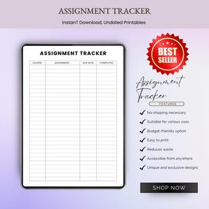 May include: A digital assignment tracker on a tablet, designed for instant download and undated use. The tracker features columns for course, assignment, due date, and completion. Includes a "Best Seller" badge and a list of key features.