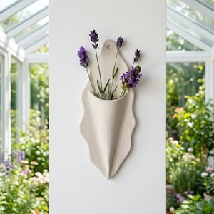Puede incluir: Un jarrón de cerámica crema, montado en la pared, con un diseño ondulado, que contiene ramitas de lavanda púrpura. El jarrón tiene un pequeño agujero en la parte superior para colgarlo. El fondo presenta un invernadero brillante y soleado con exuberante vegetación.