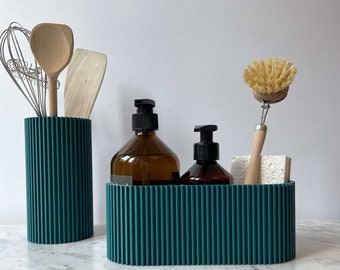 Aufbewahrung Küche, 2er Set Spülbecken Organizer & Kochlöffelhalter/Spülbürstenhalter, Küchenhelfer, Utensilienhalter, Ordnungshelfer