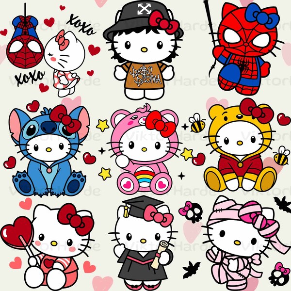 Kawaii Kitty and Friends Png Bundle, Kawaii Kitty and Superheroes Png, Kawaii Kitty Stitch Png, "Cute Kawaii Kitty Design, Cute Cat Png
