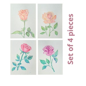 Conjunto de 4 piezas. Pintura de acuarela. Arte original. Flor rosa. O un artículo.