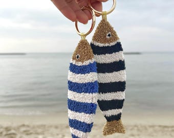 Handmade Punch Fish Keychain | Punch Needle Fish Bag Charm | Nautical Keyring | Ocean Inspired Gift