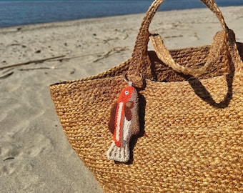 Tufted Sardine Bag Charm – Handmade Punch Needle Fish Keychain – Coastal Textile Art Accessory
