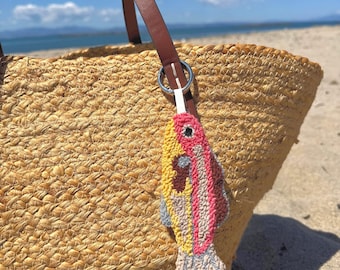 Tufted Sardine Bag Charm – Handmade Punch Needle Fish Keychain – Coastal Textile Art Accessory