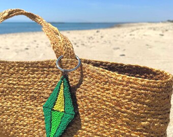 Game Inspired Plumbob Bag Charm - Handmade Green Diamond Punch Needle Keychain - Gamer Aesthetic Gift