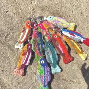 Tufted Sardine Bag Charm – Handmade Punch Needle Fish Keychain – Coastal Textile Art Accessory