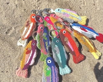 Tufted Sardine Bag Charm – Handmade Punch Needle Fish Keychain – Coastal Textile Art Accessory