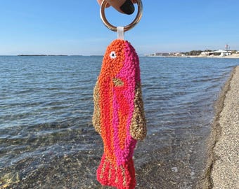 Tufted Sardine Bag Charm – Handmade Punch Needle Fish Keychain – Coastal Textile Art Accessory