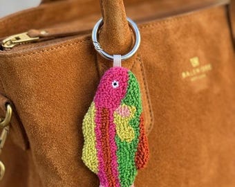 Hand-Punched Sardine Bag Charm – Colorful Punch Needle Fish Keychain Accessory