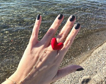 Handmade Ceramic Red Heart Ring – Adjustable Boho Statement Jewelry