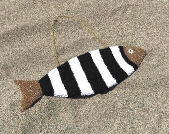 Handmade Black and White Striped Sardine Wall Art - Nautical Punch Needle Fish Decor - Coastal Stripes Wall Hanging