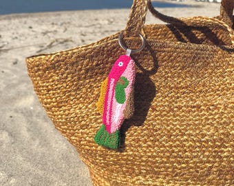 Tufted Sardine Bag Charm – Handmade Punch Needle Fish Keychain – Coastal Textile Art Accessory