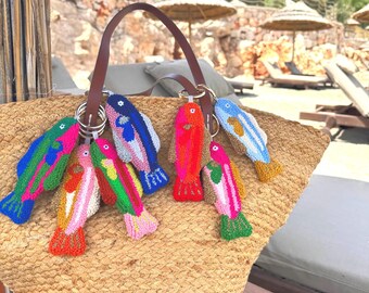 Colorful Tufted Sardine Bag Charm – Handmade Punch Needle Fish Keychain in Multiple Colors – Coastal Summer Accessory