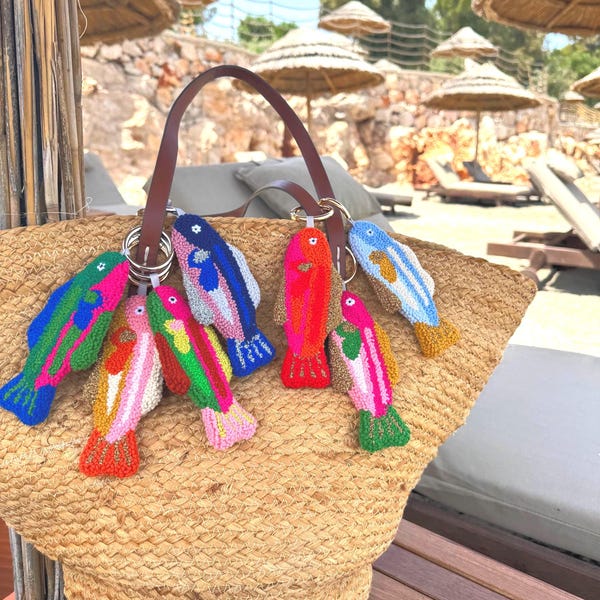Colorful Tufted Sardine Bag Charm – Handmade Punch Needle Fish Keychain in Multiple Colors – Coastal Summer Accessory