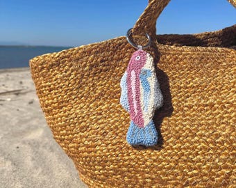 Double-Sided Punch Needle Sardine Charm – Pastel Fish Keychain, Coastal Spring Accessory