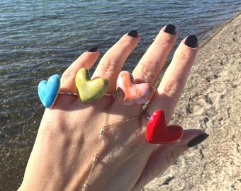 Handmade Ceramic Heart Ring – Adjustable Boho Statement Jewelry (4 Colors)