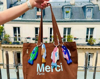 Colorful Tufted Sardine Bag Charm, Match for Merci Paris Tote Bag, Handmade Punch Needle Fish Keychain, Coastal Summer Tote Accessory