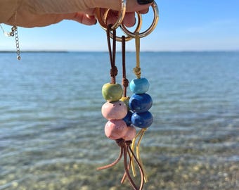 Handmade Ceramic Bead Bag Charm – Minimalist Coastal Leather Keychain Accessory