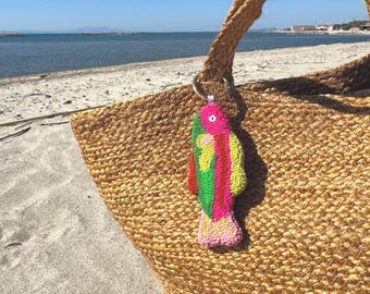 Tufted Sardine Bag Charm – Handmade Punch Needle Fish Keychain – Coastal Textile Art Accessory
