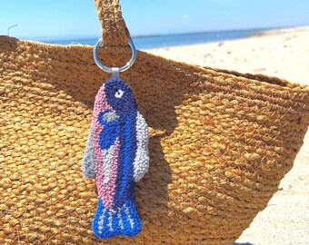 Double-Sided Punch Needle Sardine Charm – Pastel Fish Keychain, Coastal Spring Accessory