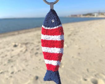 Hand-Punched Sardine Bag Charm – Patriotic Red White Blue Fish Keychain Accessory