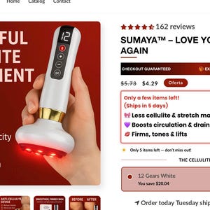 Könnte beinhalten: Ein weißes und goldenes Cellulite-Behandlungsgerät mit rotem Licht an der Basis. Das Gerät hat ein digitales Display und Tasten. Der Text auf dem Bild lautet "Kraftvolle Cellulite-Behandlung".