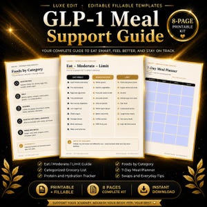 Peut inclure: Un kit imprimable de 8 pages de guide de soutien alimentaire GLP-1 avec des modèles modifiables. Les documents incluent une liste d'aliments par catégorie, un tableau de référence nutritionnelle Manger-Modérer-Limiter et un planificateur de repas sur 7 jours.