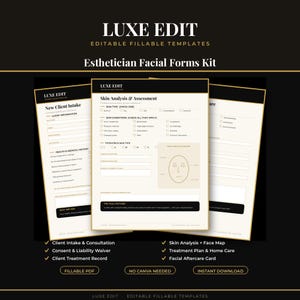 Esthetician Facial Forms, Skin Analysis and Consultation Form, Facial Consent, Client Intake, Treatment Record, Aftercare, Fillable PDF