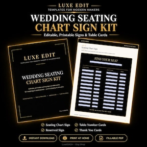 Puede incluir: Un kit de plantilla digital para el plano de asientos de boda con texto en negro y dorado. El diseño incluye un cartel imprimible con el título FIND YOUR SEAT, columnas para nombres de invitados y números de mesa. Incluye plano y tarjetas.