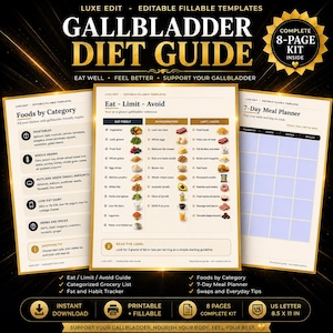Gallbladder Diet Food Guide Printable, Low Fat Food List Eat Limit Avoid, Grocery List, 7-Day Meal Planner and Fat Tracker, Digestive PDF