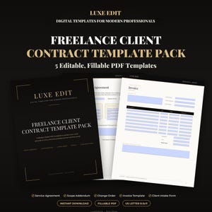 Puede incluir: Un paquete de plantillas digitales de contrato para clientes freelance de Luxe Edit con 5 plantillas PDF editables y rellenables, incluyendo acuerdo de servicio, anexo, orden de cambio, factura y formulario de admisión en formato 21,6x27,9 cm.