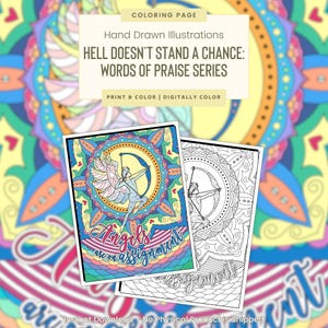 Könnte beinhalten: Eine Malvorlage mit einer Schwarzweißillustration eines Engels mit Pfeil und Bogen. Der Engel ist von einem Mandala-Muster umgeben. Der Text "Angels are assignment" steht unter dem Engel. Der Text "Hell doesn't stand a chance: Words of Praise Series" befindet sich oben auf der Seite.