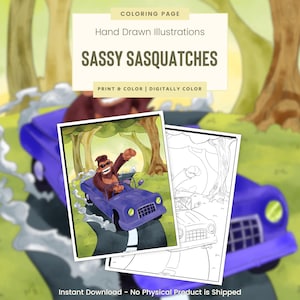 Hot Rod Sasquatch, Printable Coloring Pages, Bigfoot Coloring Page, Bigfoot Picture, Boredom Busters, Yeti, Bigfoot, Sassy Sasquatches(G119)