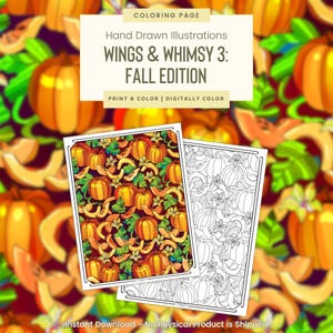 May include: A printable colouring page featuring a pattern of pumpkins, leaves, and vines. The text "Wings & Whimsy 3: Fall Edition" is at the top of the page. The page is ready to be printed and coloured.
