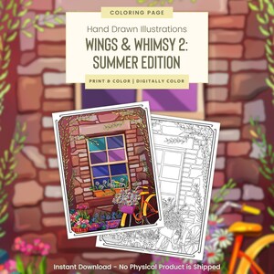 Flower Boxes and Bicycle, Bike, Hand Drawn Printable Coloring Pages, Flower Coloring Pages, Summer Coloring Sheets, Wings & Whimsy (G120)