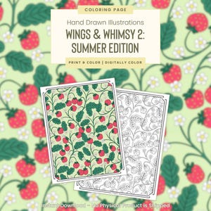 Strawberries, Hand Drawn Printable Coloring Pages for Adults, Flower Coloring Pages, Summer Coloring Sheets, Berries, Wings & Whimsy (G120)