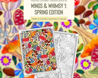 Hongos y flores silvestres, páginas para colorear para imprimir y dibujar a mano, páginas para colorear de flores, lindas hojas para colorear, alas y fantasía (G113)