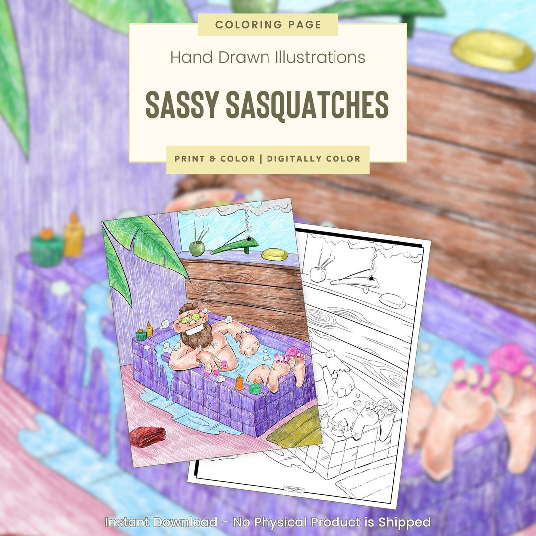Sassy Sasquatches Digital Coloring Page Bubble Bath Sasquatch G119 - Etsy