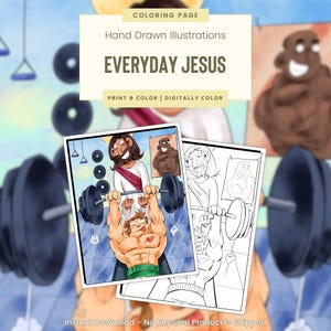 Weight Lifting Jesus, Printable Coloring Pages, Christian Coloring Pages, Fun Bible Lessons for Kids, Sunday School, Everyday Jesus (G133)