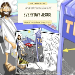 Einkaufswagen Jesus, druckbare Malseiten, christliche Malseiten, lustige Bibelstunden für Kinder, Sonntagsschule, Jesus für den Alltag (G133)